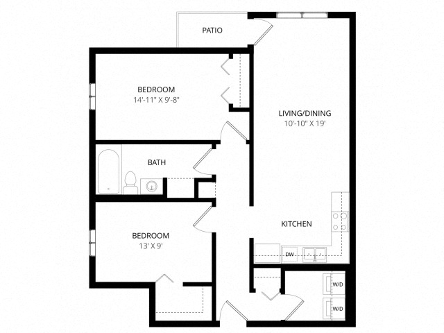 Floor plan for 2 beds, 1 bath, 823 sqft
